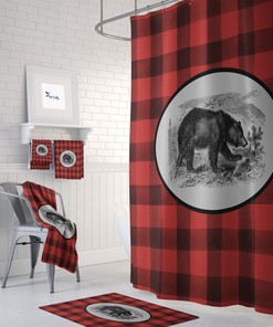 Rustic Buffalo Plaid Bear Shower Curtain Set - Woodland Bath Accessories with a Rustic Touch