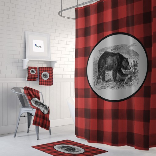 Rustic Buffalo Plaid Bear Shower Curtain Set - Woodland Bath Accessories with a Rustic Touch