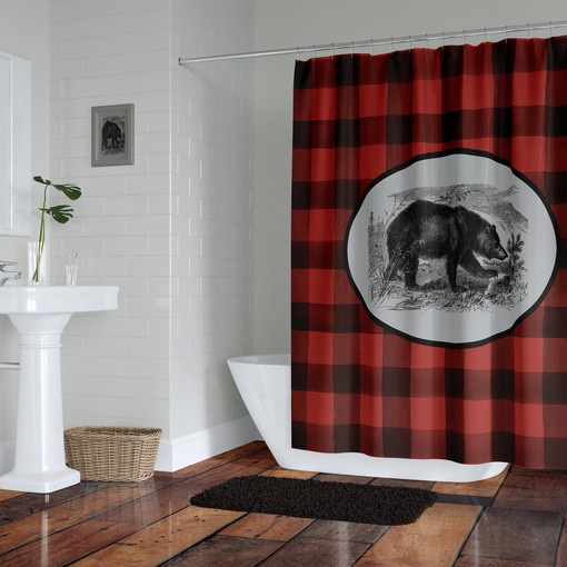 Rustic Buffalo Plaid Bear Shower Curtain Set - Woodland Bath Accessories with a Rustic Touch - Image 2