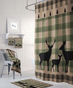 Rustic Buffalo Plaid Deer Shower Curtain Set - Woodland Bath Accessories with a Rustic Touch