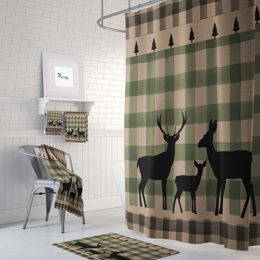 Rustic Buffalo Plaid Deer Shower Curtain Set - Woodland Bath Accessories with a Rustic Touch