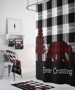 Rustic Buffalo Plaid Shower Curtain with Woodland Bear Bathroom Decor for Woodsy Charm