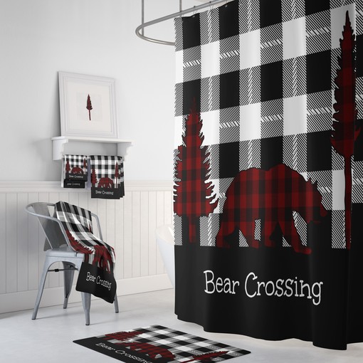Rustic Buffalo Plaid Shower Curtain with Woodland Bear Bathroom Decor for Woodsy Charm