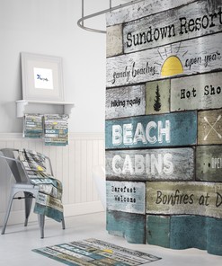 Rustic Coastal Beach Theme Shower Curtain with Resort Ad for a Relaxing Bathroom
