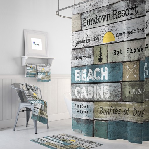 Rustic Coastal Beach Theme Shower Curtain with Resort Ad for a Relaxing Bathroom