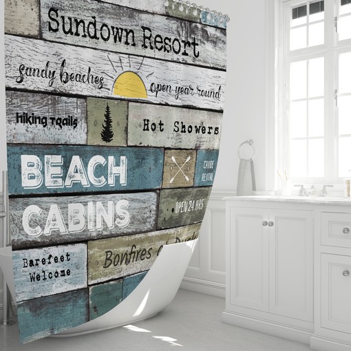 Rustic Coastal Beach Theme Shower Curtain with Resort Ad for a Relaxing Bathroom - Image 2