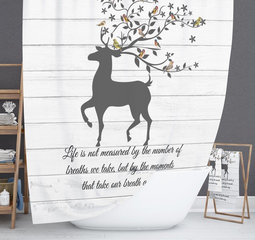 Rustic Country Shower Curtain - Woodland Deer Bathroom Decor, Faux Wood and Rustic Design Fits Farmhouse Style