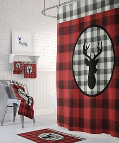 Rustic Deer Shower Curtain with Buffalo Plaid Optional Bathroom Set and Country Charm