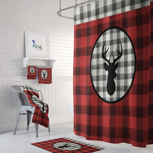 Rustic Deer Shower Curtain with Buffalo Plaid Optional Bathroom Set and Country Charm