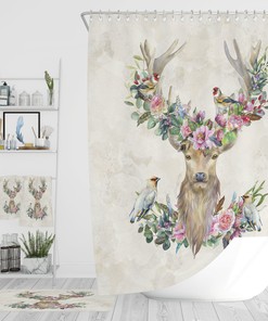 Rustic Deer and Birds Floral Shower Curtain Set - Optional Towels and Mat for Nature-Loving Bathroom Decor