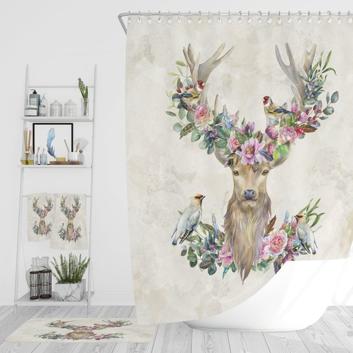 Rustic Deer and Birds Floral Shower Curtain Set - Optional Towels and Mat for Nature-Loving Bathroom Decor