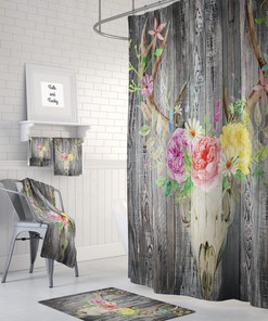 Rustic Faux Wood Deer Skull and Floral Shower Curtain - Country Bath Curtain for Chic Bathroom Decor