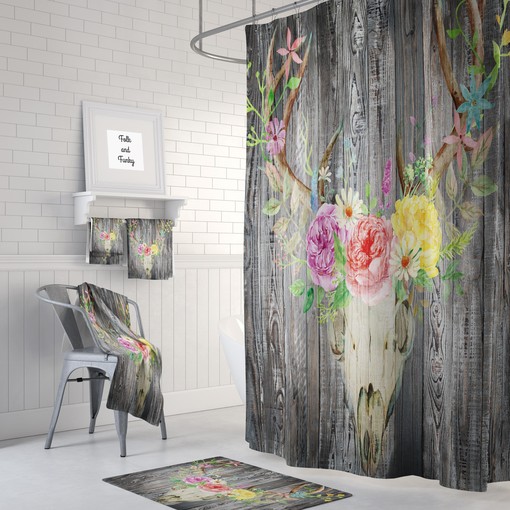 Rustic Faux Wood Deer Skull and Floral Shower Curtain - Country Bath Curtain for Chic Bathroom Decor