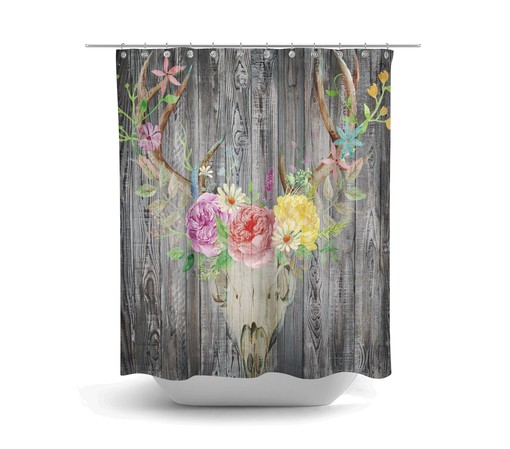 Rustic Faux Wood Deer Skull and Floral Shower Curtain - Country Bath Curtain for Chic Bathroom Decor - Image 2
