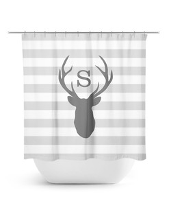 Rustic Gray Bathroom Decor with Monogram Shower Curtain featuring Gray Stripe, Deer Head Antler Bathtub Curtain