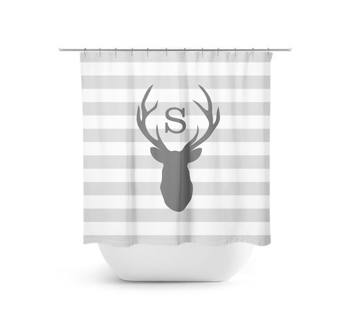 Rustic Gray Bathroom Decor with Monogram Shower Curtain featuring Gray Stripe, Deer Head Antler Bathtub Curtain