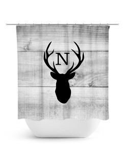 Rustic Hunting Lodge Monogram Shower Curtain with Deer Head Antler Bathtub Curtain for a Woodland Bathroom