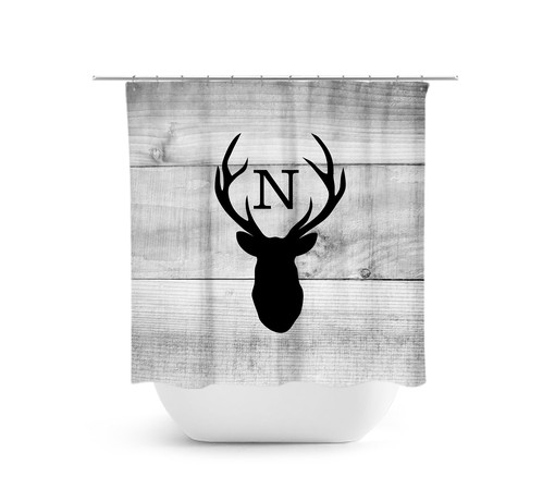 Rustic Hunting Lodge Monogram Shower Curtain with Deer Head Antler Bathtub Curtain for a Woodland Bathroom