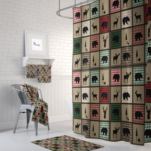 Rustic Lodge Buffalo Plaid Shower Curtain with Matching Bath Accessories for Cozy Bathroom Decor