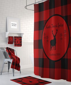 Rustic Personalized Woodland Disney Shower Curtain Set with Plaid and Deer