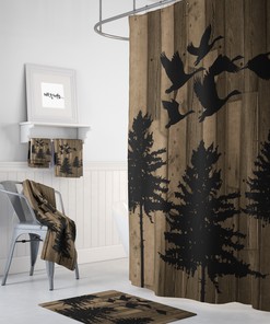 Rustic Pine Tree and Geese Shower Curtain Set with Matching Bath Accessories for Nature-Inspired Bathroom Decor