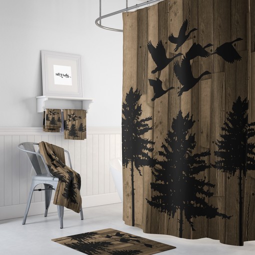 Rustic Pine Tree and Geese Shower Curtain Set with Matching Bath Accessories for Nature-Inspired Bathroom Decor