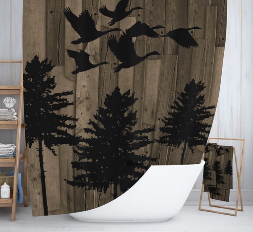 Rustic Pine Tree and Geese Shower Curtain Set with Matching Bath Accessories for Nature-Inspired Bathroom Decor - Image 2