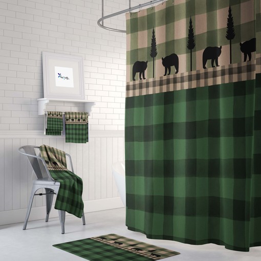 Rustic Plaid Bear Shower Curtain Set with Green Buffalo Plaid Bath Accessories for Cozy Bathroom Decor