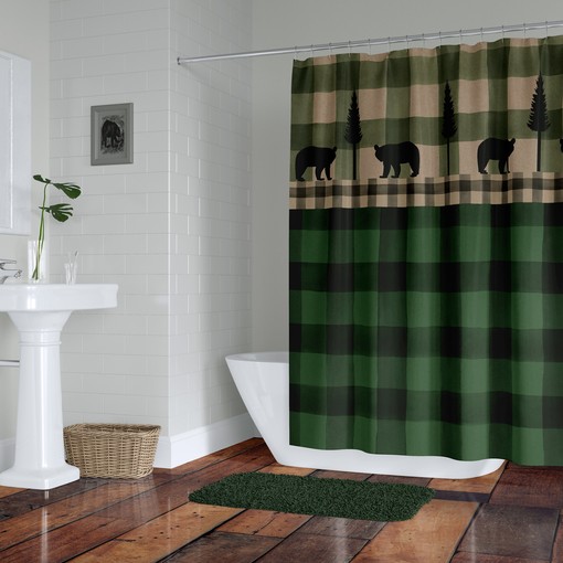 Rustic Plaid Bear Shower Curtain Set with Green Buffalo Plaid Bath Accessories for Cozy Bathroom Decor - Image 2