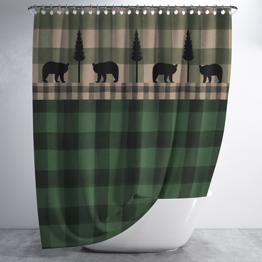 Rustic Plaid Bear Shower Curtain Set with Green Buffalo Plaid Bath Accessories for Cozy Bathroom Decor - Image 4