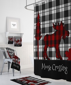 Rustic Plaid Moose Shower Curtain Set with Buffalo Plaid Bath Accessories for Cozy Bathroom Decor