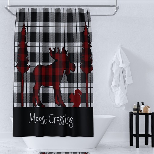 Rustic Plaid Moose Shower Curtain Set with Buffalo Plaid Bath Accessories for Cozy Bathroom Decor - Image 2