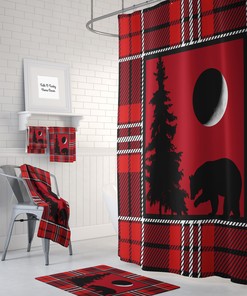 Rustic Red Plaid Woodland Shower Curtain with Optional Accessories