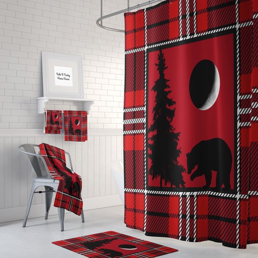 Rustic Red Plaid Woodland Shower Curtain with Optional Accessories