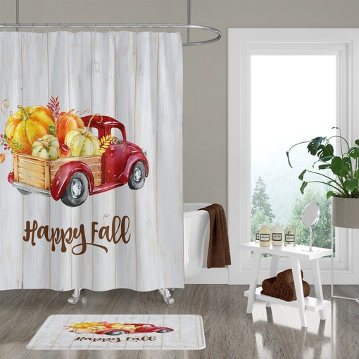Rustic Red Truck with Pumpkins Shower Curtain - Perfect for Your Fall Bathroom Decor - Image 2