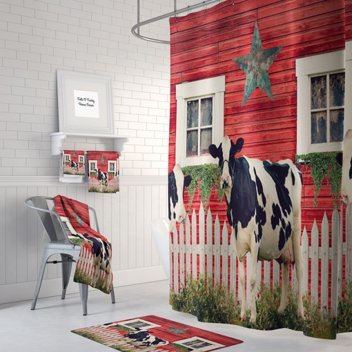 Rustic Shower Curtain with Old Barn and Cows - Unique Bathtub Curtain for Primitive Farmhouse Rustic Style