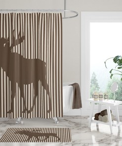 Rustic Striped Moose Shower Curtain with Rustic Bath Accessories for Cozy Bathroom Decor