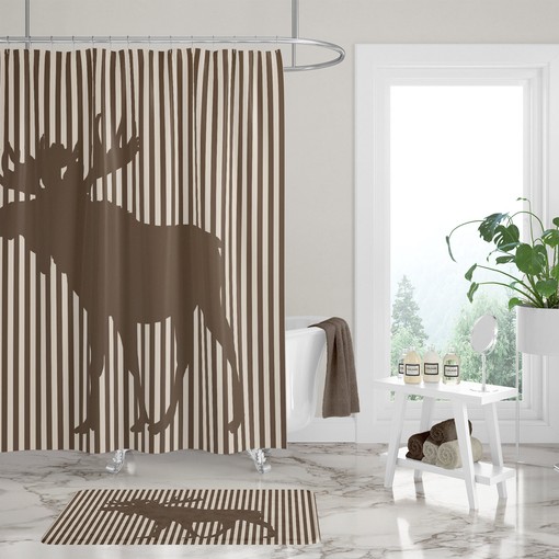 Rustic Striped Moose Shower Curtain with Rustic Bath Accessories for Cozy Bathroom Decor