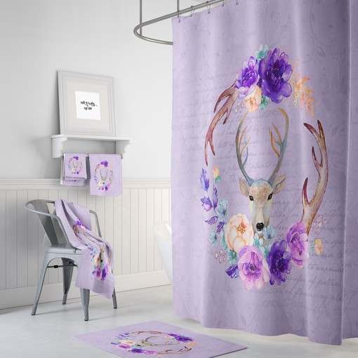 Rustic Woodland Deer and Lavender Floral Shower Curtain - Fabric Bath Curtain for Cozy Cabin Bathroom Decor