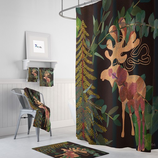 Rustic Woodland Moose Shower Curtain with Nature-Inspired Bath Set for Cozy Bathroom Decor