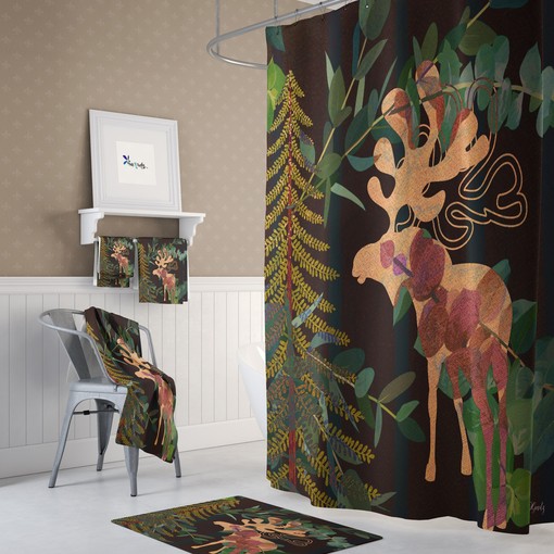 Rustic Woodland Moose Shower Curtain with Nature-Inspired Bath Set for Cozy Bathroom Decor - Image 2