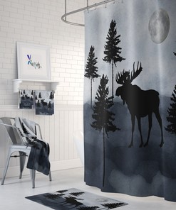 Rustic Woodland Moose Shower Curtain with Rustic Bath Set for Cozy Bathroom Decor