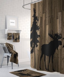 Rustic Woodland Moose Trees Faux Wood Shower Curtain with Bath Set