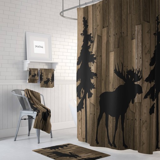 Rustic Woodland Moose Trees Faux Wood Shower Curtain with Bath Set