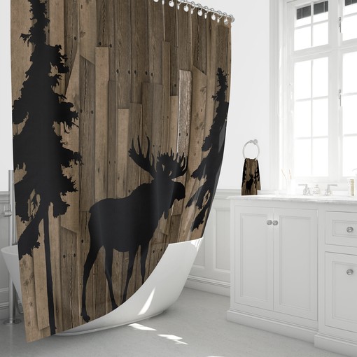 Rustic Woodland Moose Trees Faux Wood Shower Curtain with Bath Set - Image 2
