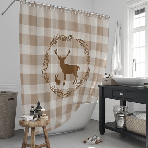 Rustic Woodland Plaid Deer and Rabbit Shower Curtain Set with Buffalo Plaid Bath Accessories for Cozy Bathroom Decor - Image 2