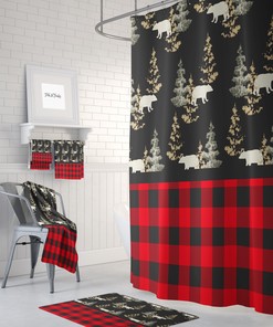 Rustic Woodland Shower Curtain with Lumberjack Plaid Bath Set for Cozy Bathroom Decor
