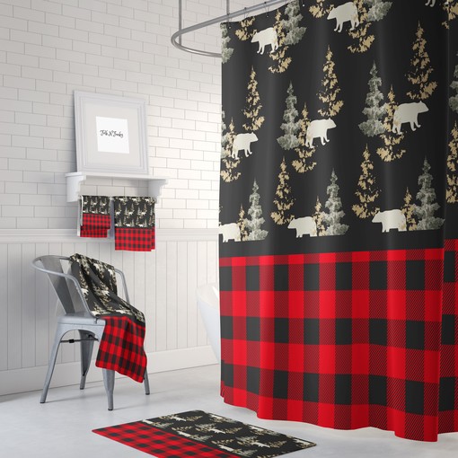 Rustic Woodland Shower Curtain with Lumberjack Plaid Bath Set for Cozy Bathroom Decor