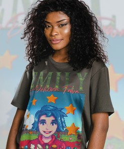 STARDW VALLY Fan Tee Featuring Food Spirit & EMILY Character, Farming Harvst Moon RPG Video Game