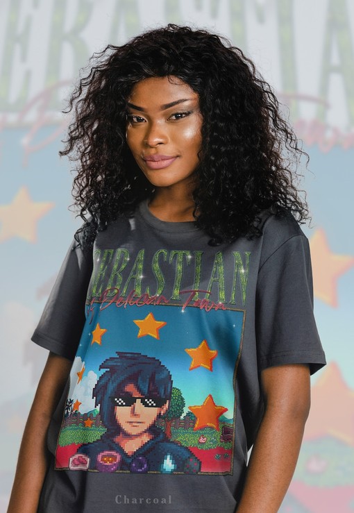 STARDW VALLY SEBASTIAN T-shirt - STARDW VALLY Fan Tee SEBASTIAN Character & Farming Harvst Moon RPG